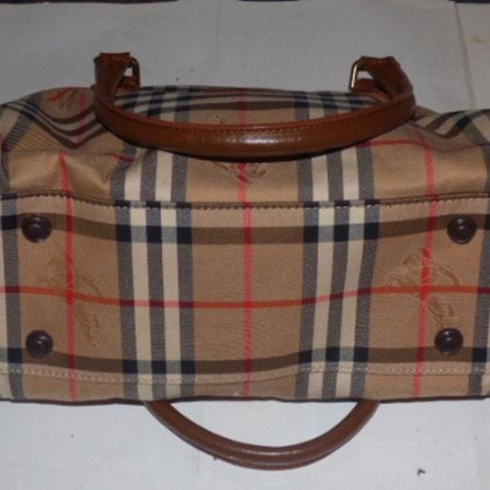 Burberry Vintage Camel Leather Nova Check Plaid Fabric Satchel - Picture 6 of 8